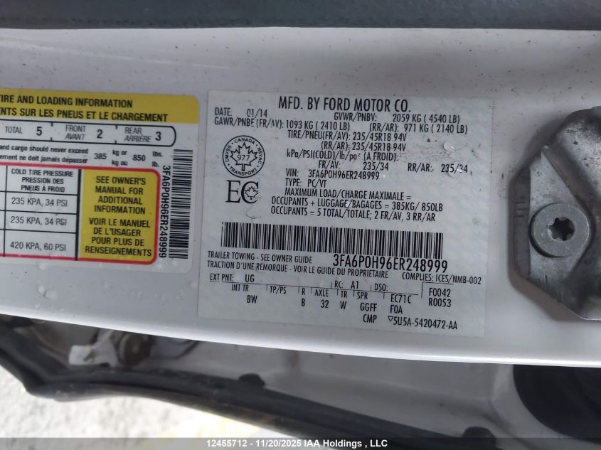 2014 Ford Fusion Se VIN: 3FA6P0H96ER248999 Lot: 12455712