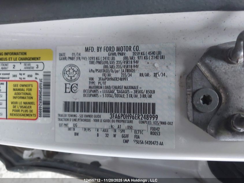 2014 Ford Fusion Se VIN: 3FA6P0H96ER248999 Lot: 12455712