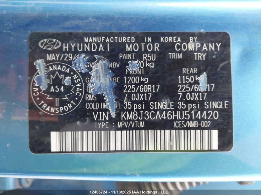 2017 Hyundai Tucson Limited/Sport And Eco/Se VIN: KM8J3CA46HU514420 Lot: 12455724