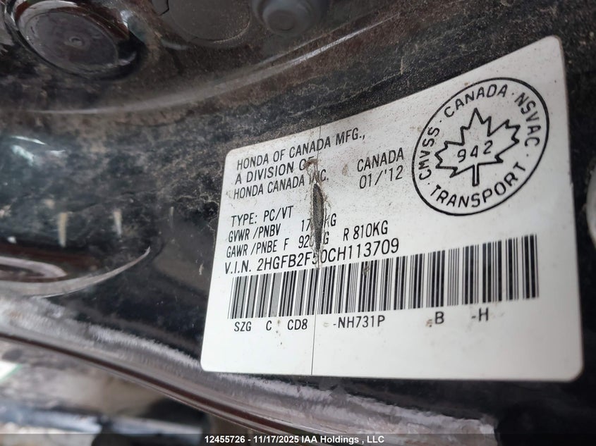 2HGFB2F50CH113709 2012 HONDA CIVIC photo no. 9