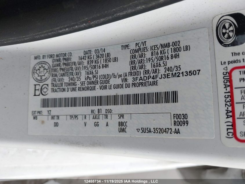 2014 Ford Fiesta Titanium VIN: 3FADP4FJ3EM213507 Lot: 12455734