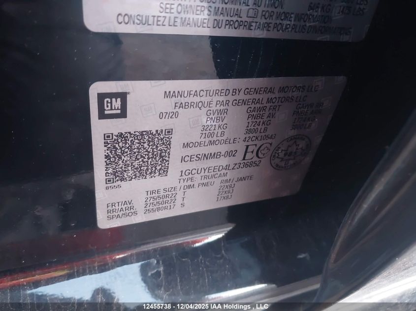 2020 Chevrolet Silverado 1500 VIN: 1GCUYEED4LZ336852 Lot: 12455738