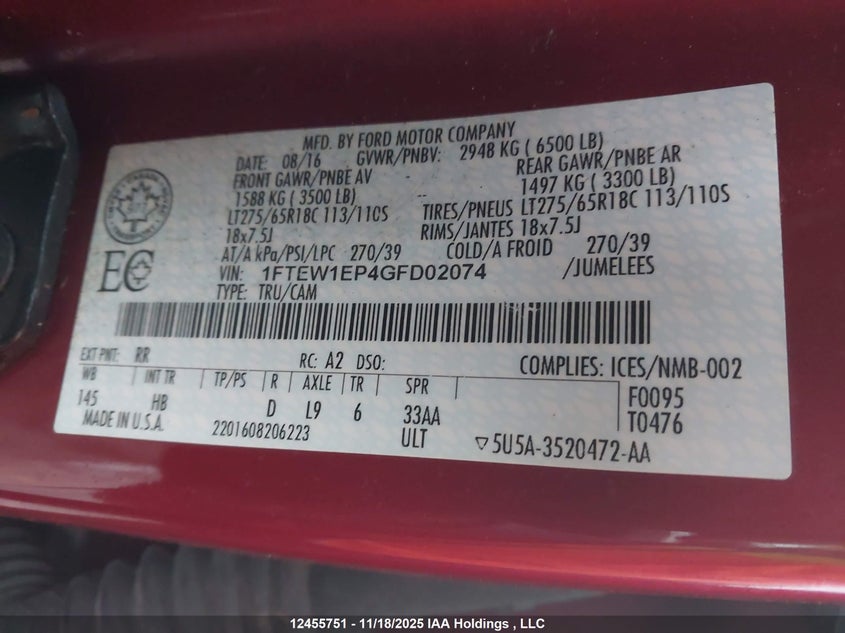 1FTEW1EP4GFD02074 2016 FORD F-150 photo no. 9