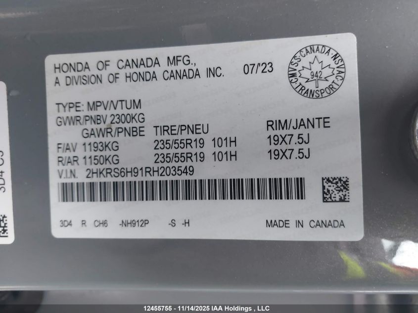 2024 Honda Cr-V Hybrid VIN: 2HKRS6H91RH203549 Lot: 12455755