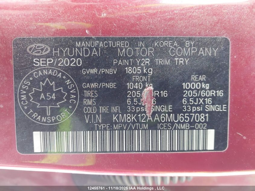 2021 Hyundai Kona Se VIN: KM8K12AA6MU657081 Lot: 12455761