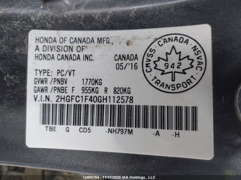 2016 Honda Civic Ex VIN: 2HGFC1F40GH112578 Lot: 12455764