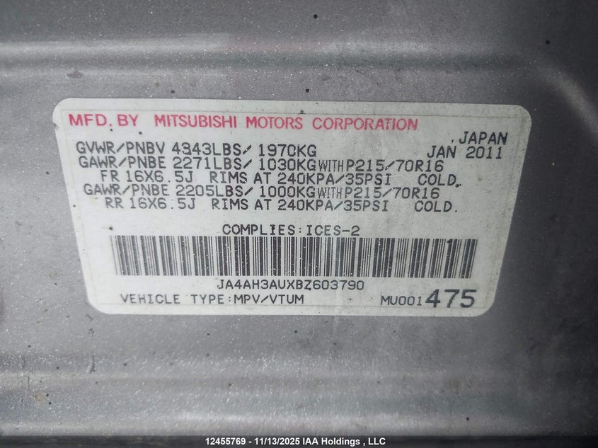 2011 Mitsubishi Rvr Se VIN: JA4AH3AUXBZ603790 Lot: 12455769