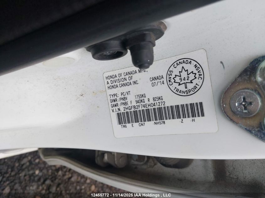 2014 Honda Civic Touring VIN: 2HGFB2F74EH041272 Lot: 12455772