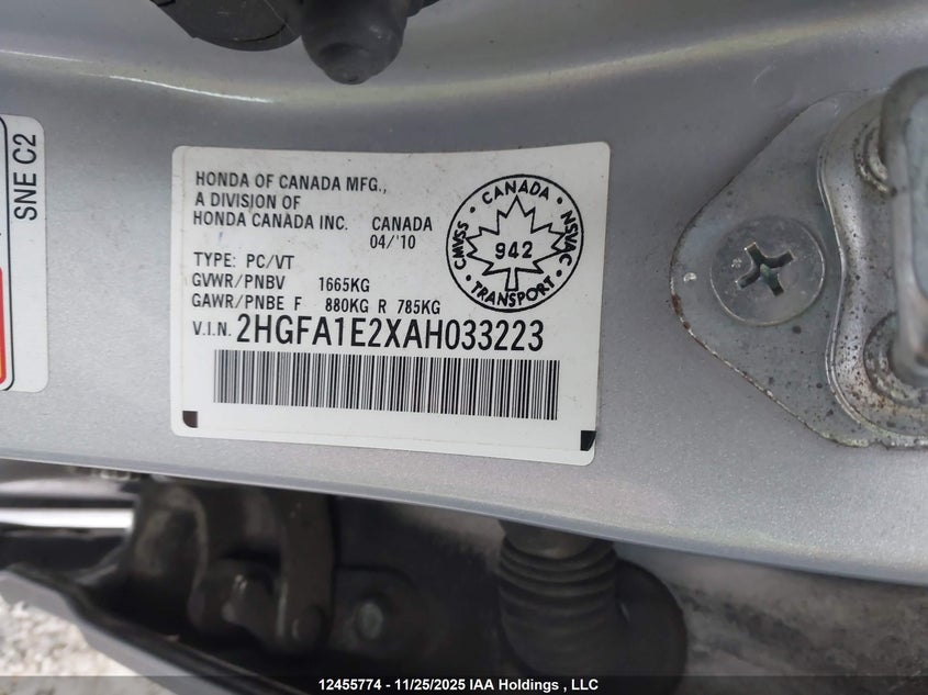 2010 Honda Civic Dx VIN: 2HGFA1E2XAH033223 Lot: 12455774