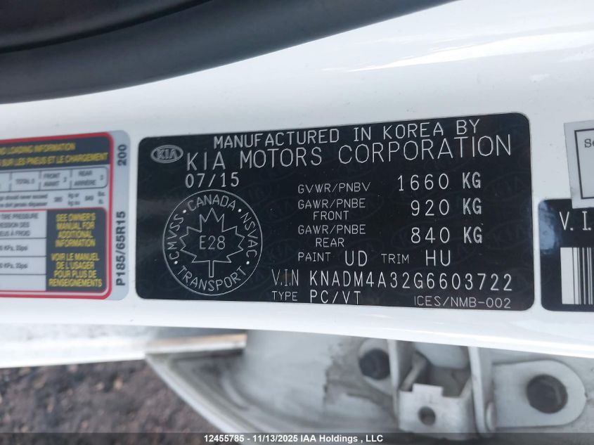 2016 Kia Rio Ex/Ex+ W/Sunroof/Lx/Lx+/Lx+ Eco/Sx VIN: KNADM4A32G6603722 Lot: 12455785