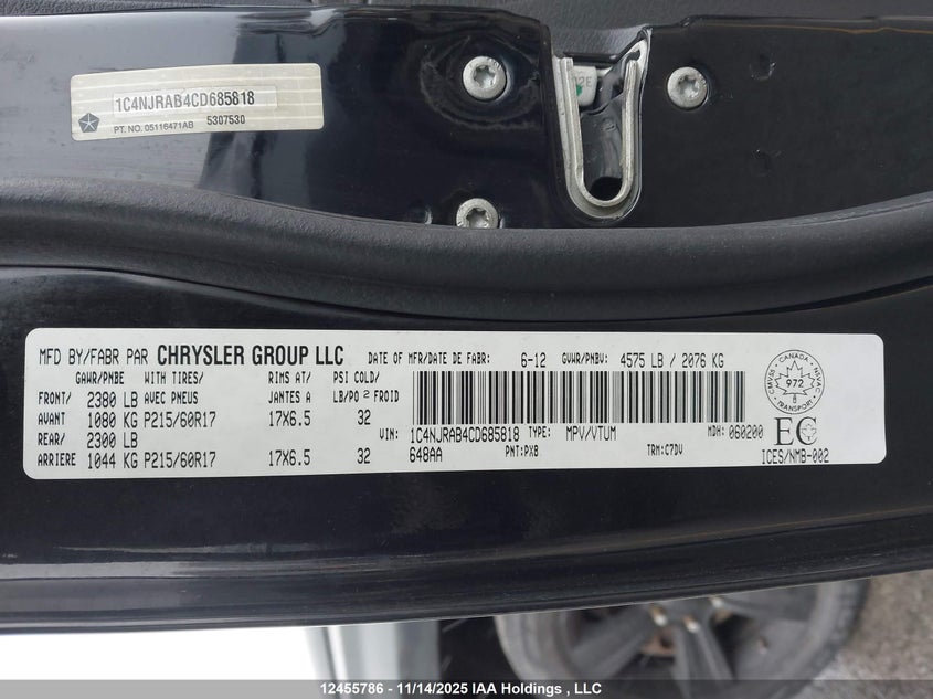 2012 Jeep Patriot VIN: 1C4NJRAB4CD685818 Lot: 12455786