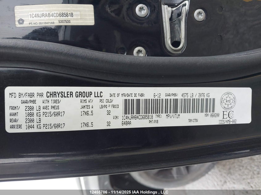 2012 Jeep Patriot VIN: 1C4NJRAB4CD685818 Lot: 12455786