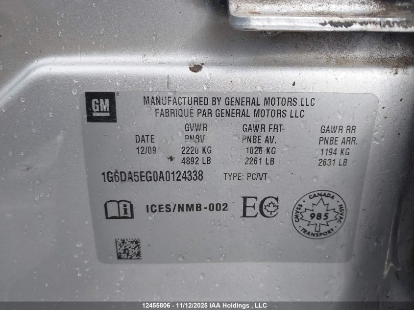 2010 Cadillac Cts VIN: 1G6DA5EG0A0124338 Lot: 12455806