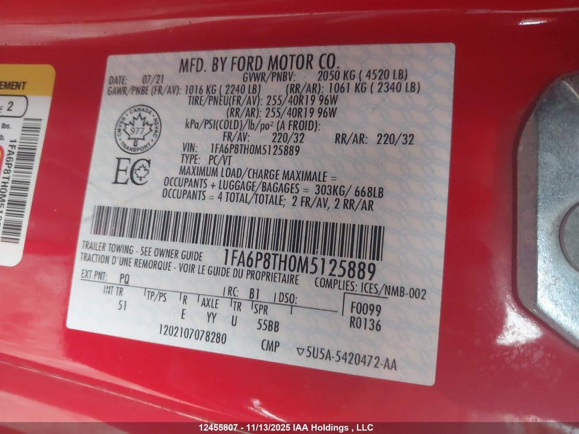 2021 Ford Mustang Ecoboost Premium VIN: 1FA6P8TH0M5125889 Lot: 12455807