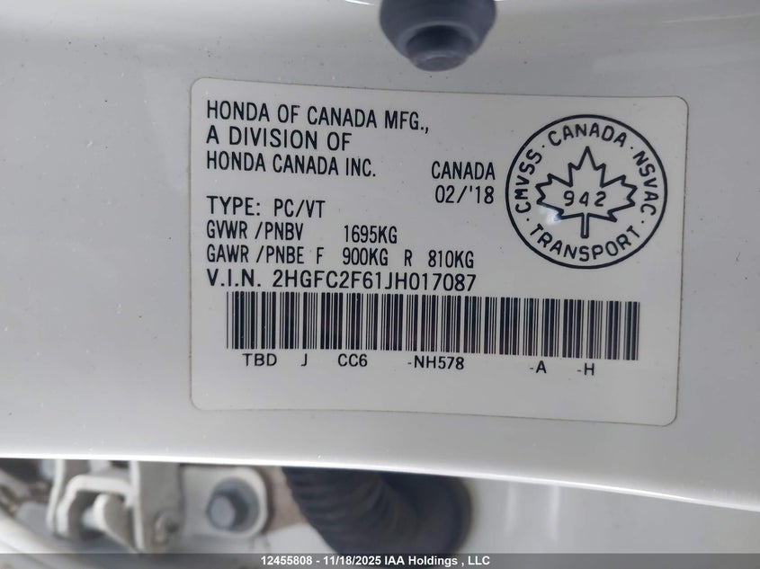 2HGFC2F61JH017087 2018 HONDA CIVIC photo no. 9