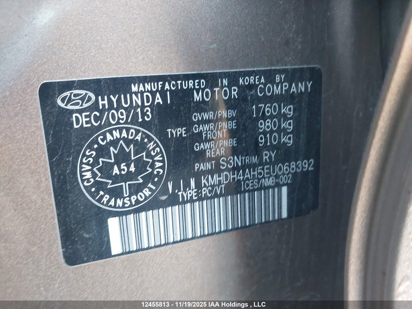 2014 Hyundai Elantra Limited VIN: KMHDH4AH5EU068392 Lot: 12455813