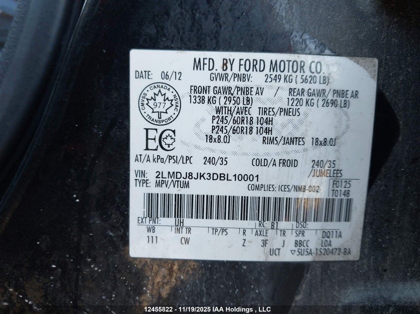 2LMDJ8JK3DBL10001 2013 LINCOLN MKX photo no. 9