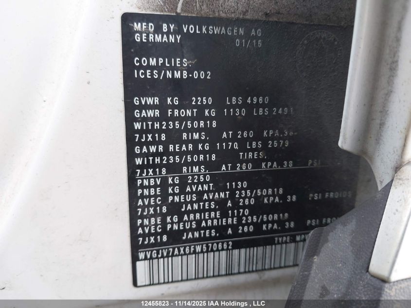 2015 Volkswagen Tiguan Comfortline/Highline/Special Edition/Trendline VIN: WVGJV7AX6FW570662 Lot: 12455823