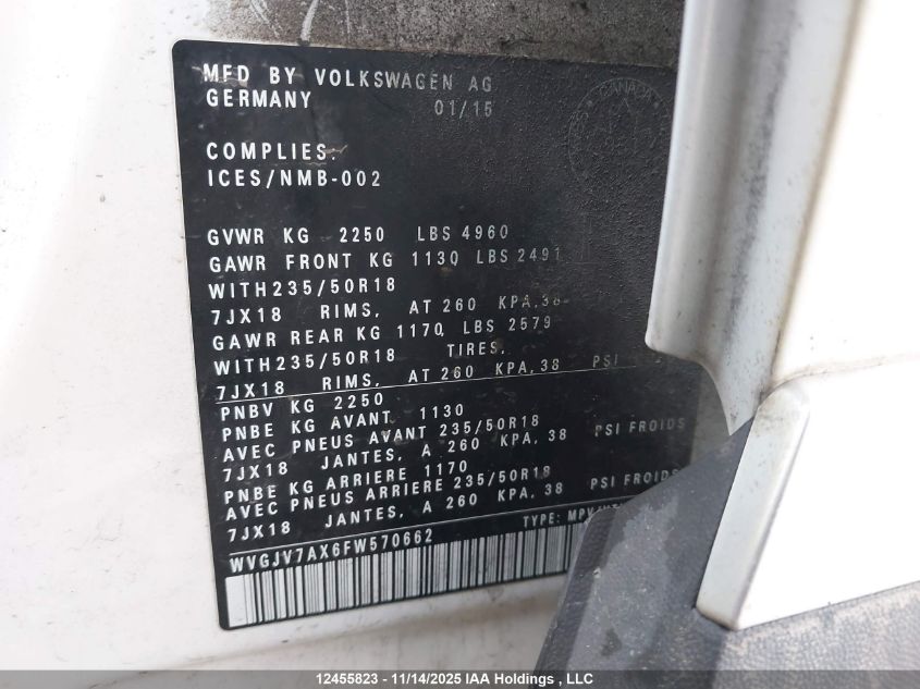 2015 Volkswagen Tiguan Comfortline/Highline/Special Edition/Trendline VIN: WVGJV7AX6FW570662 Lot: 12455823