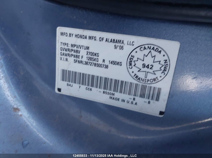 5FNRL38727B500738 2007 HONDA ODYSSEY photo no. 9
