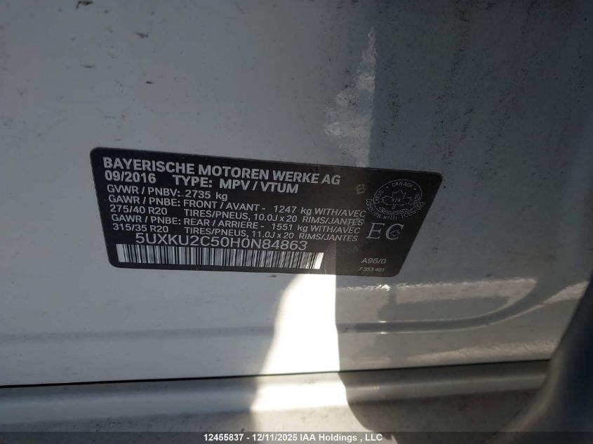 2017 BMW X6 xDrive35I VIN: 5UXKU2C50H0N84863 Lot: 12455837