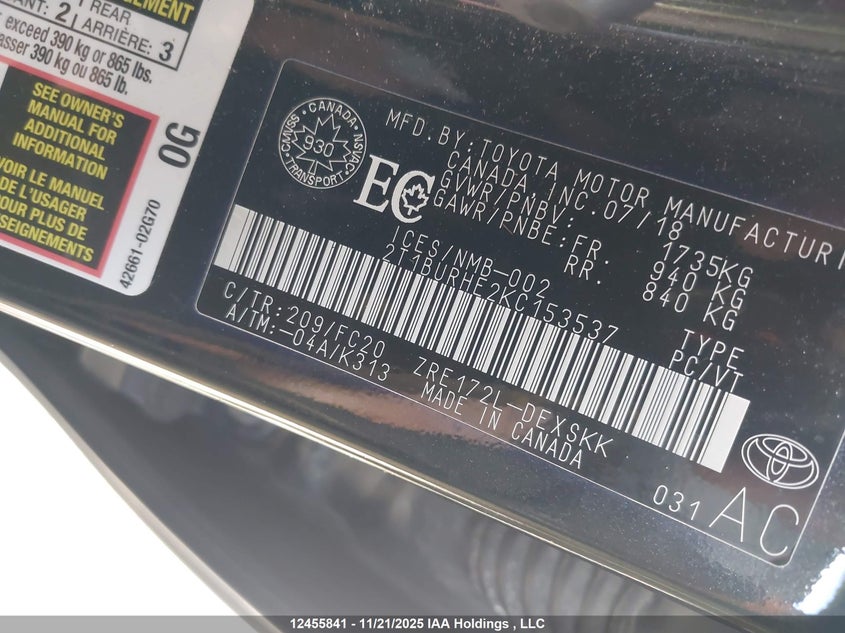 2T1BURHE2KC153537 2019 TOYOTA COROLLA photo no. 9