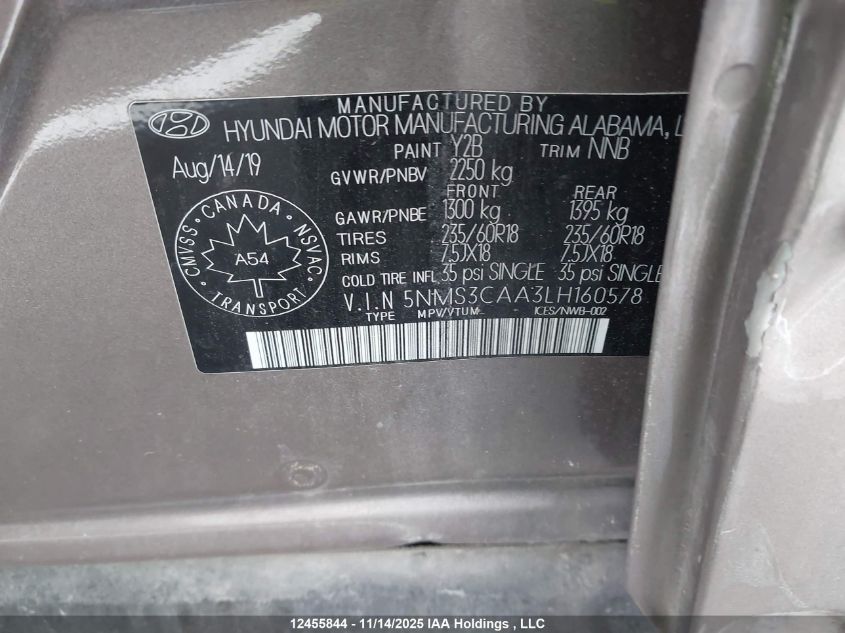 2020 Hyundai Santa Fe VIN: 5NMS3CAA3LH160578 Lot: 12455844