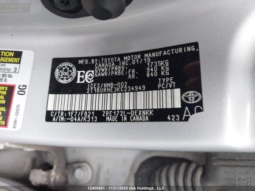 2019 Toyota Corolla VIN: 2T1BURHE3KC234949 Lot: 12455851