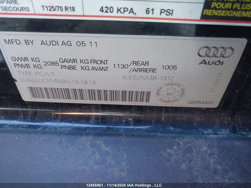 2011 Audi A3 Premium VIN: WAUJJCFMXBA167814 Lot: 12455861