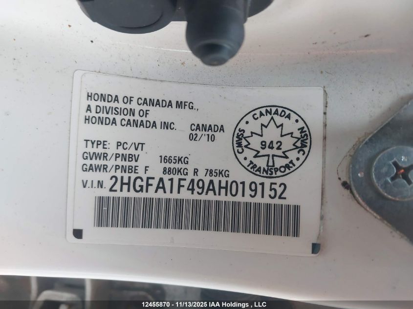 2010 Honda Civic Dx-G VIN: 2HGFA1F49AH019152 Lot: 12455870