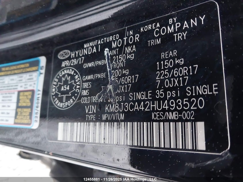 2017 Hyundai Tucson Limited/Sport And Eco/Se VIN: KM8J3CA42HU493520 Lot: 12455881