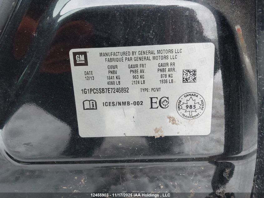 2014 Chevrolet Cruze Lt VIN: 1G1PC5SB7E7246892 Lot: 12455903