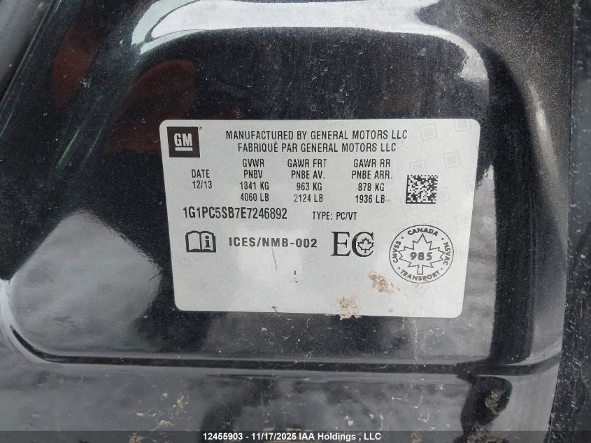 2014 Chevrolet Cruze Lt VIN: 1G1PC5SB7E7246892 Lot: 12455903