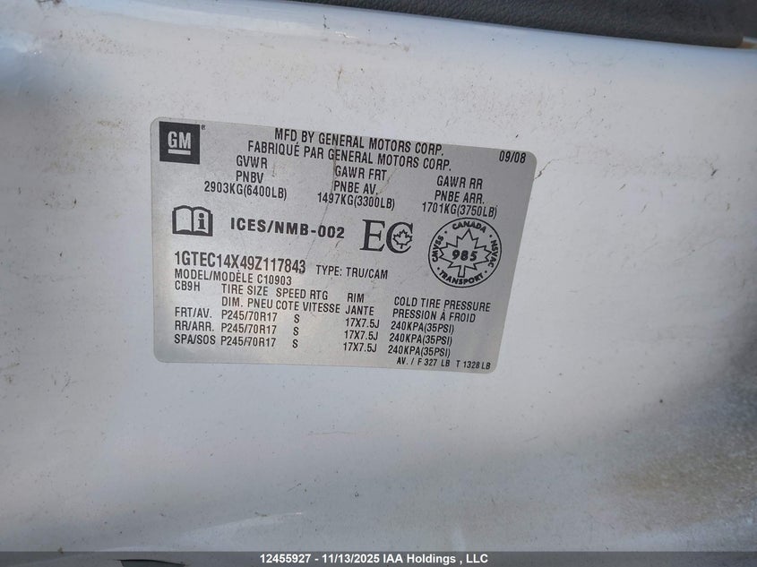 2009 GMC New Sierra 1500 VIN: 1GTEC14X49Z117843 Lot: 12455927