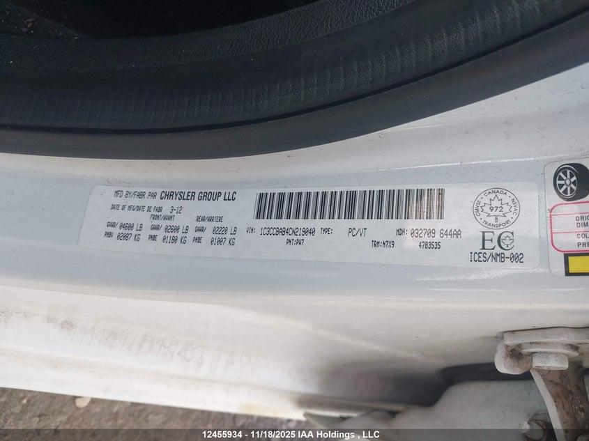 2012 Chrysler 200 VIN: 1C3CCBAB4CN219040 Lot: 12455934