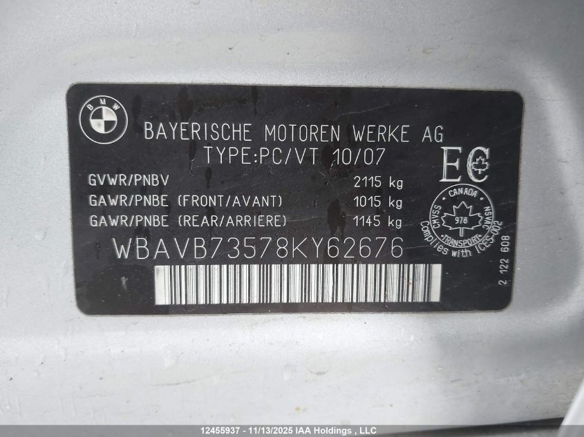 2008 BMW 335 I VIN: WBAVB73578KY62676 Lot: 12455937