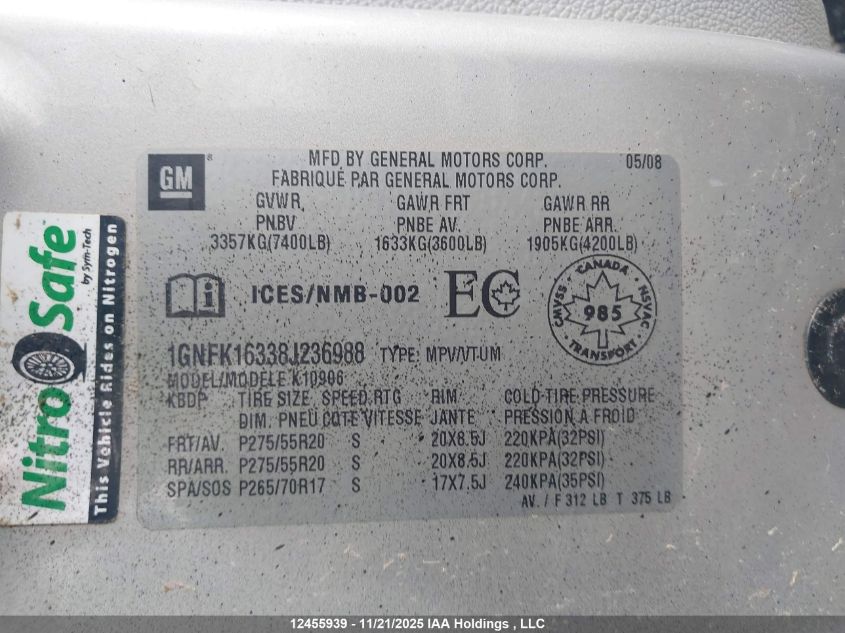 2008 Chevrolet Suburban 1500 Ls/Lt/Ltz VIN: 1GNFK16338J236988 Lot: 12455939