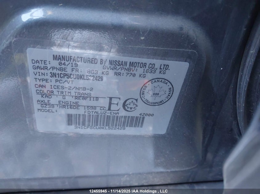 2019 Nissan Kicks S/Sr/Sv VIN: 3N1CP5CU0KL522429 Lot: 12455945