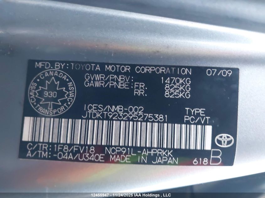 2009 Toyota Yaris VIN: JTDKT923295275381 Lot: 12455947