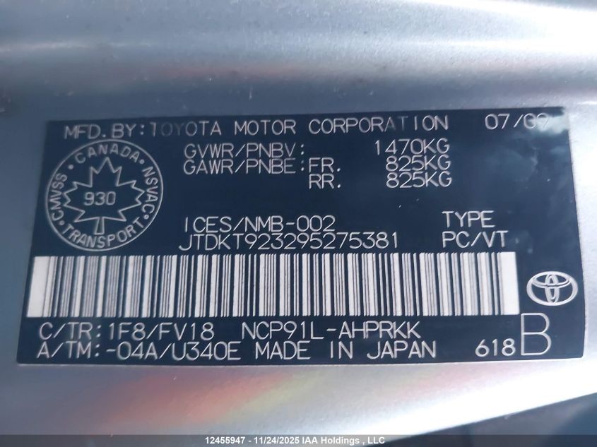 2009 Toyota Yaris VIN: JTDKT923295275381 Lot: 12455947