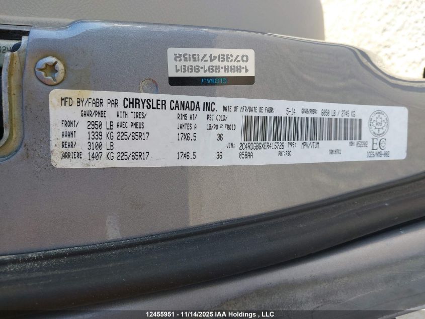 2014 Dodge Grand Caravan Se/Sxt VIN: 2C4RDGBGXER415726 Lot: 12455951