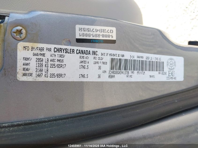 2014 Dodge Grand Caravan Se/Sxt VIN: 2C4RDGBGXER415726 Lot: 12455951