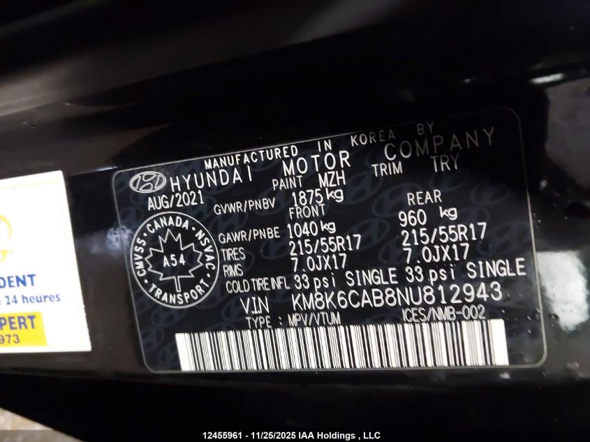 2022 Hyundai Kona Sel VIN: KM8K6CAB8NU812943 Lot: 12455961