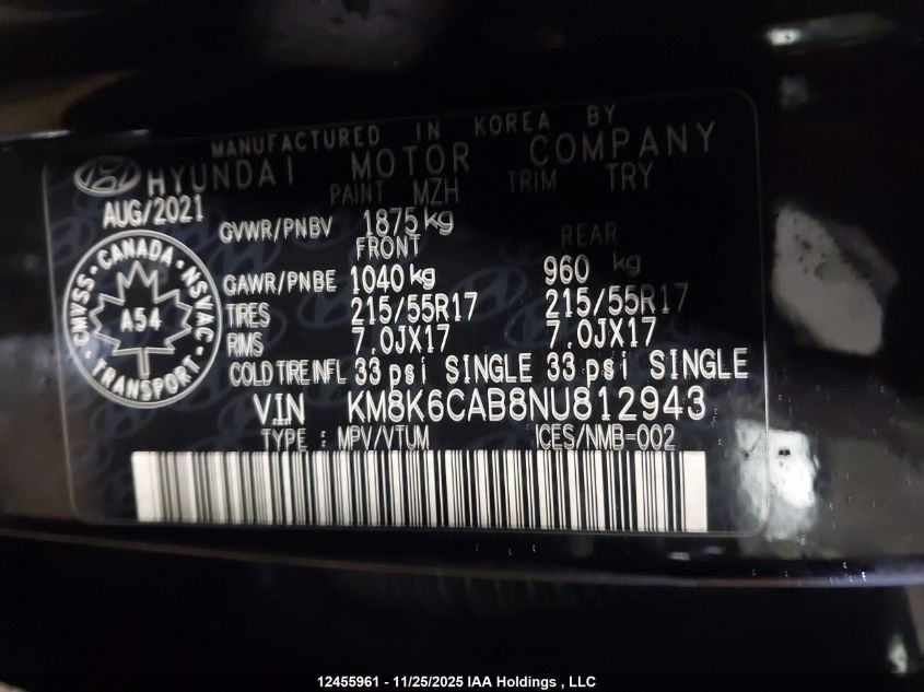 2022 Hyundai Kona Sel VIN: KM8K6CAB8NU812943 Lot: 12455961