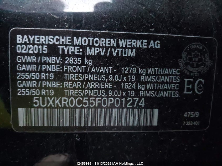 2015 BMW X5 xDrive35I VIN: 5UXKR0C55F0P01274 Lot: 12455965