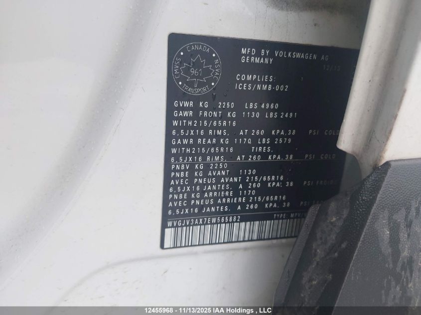 2014 Volkswagen Tiguan S/Se/Sel/R-Line VIN: WVGJV3AX7EW565882 Lot: 12455968