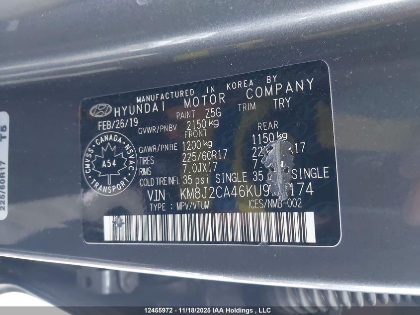 2019 Hyundai Tucson VIN: KM8J2CA46KU975174 Lot: 12455972