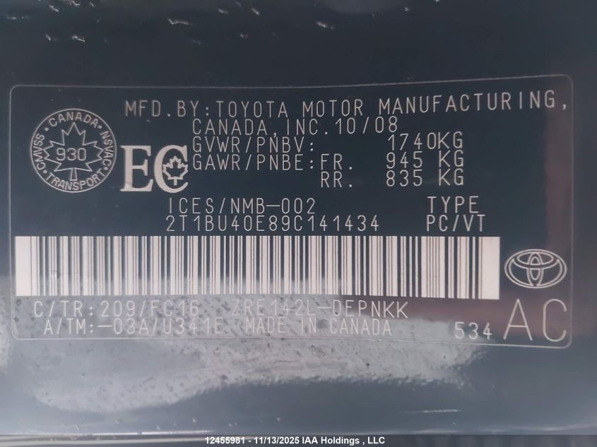 2009 Toyota Corolla S/Le/Xle VIN: 2T1BU40E89C141434 Lot: 12455981