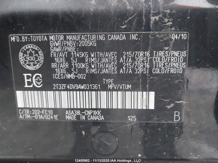 2010 Toyota Rav4 VIN: 2T3ZF4DV9AW031361 Lot: 12455982