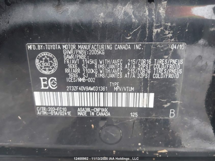 2010 Toyota Rav4 VIN: 2T3ZF4DV9AW031361 Lot: 12455982